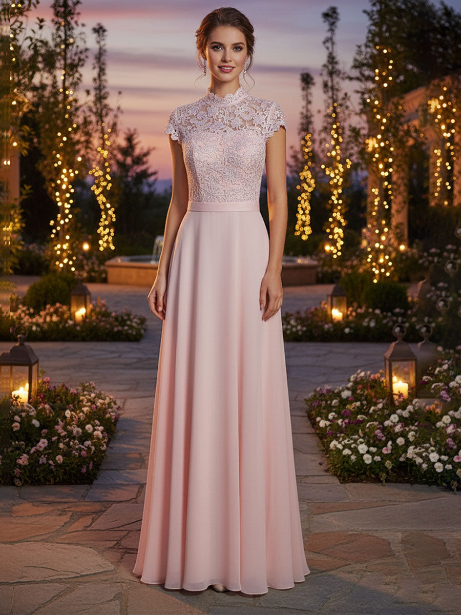 A-Line High Neck Floor-Length Lace Chiffon Formal Bridesmaid Dress