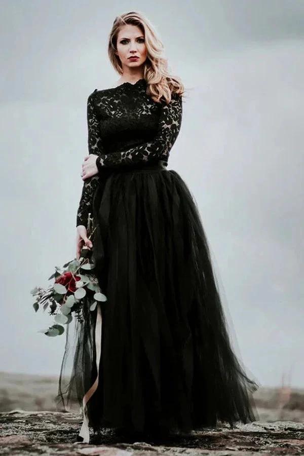 A-Line Lace Appliqued Black Wedding Dress Boho Bridal Gown WD744 by pgmdress