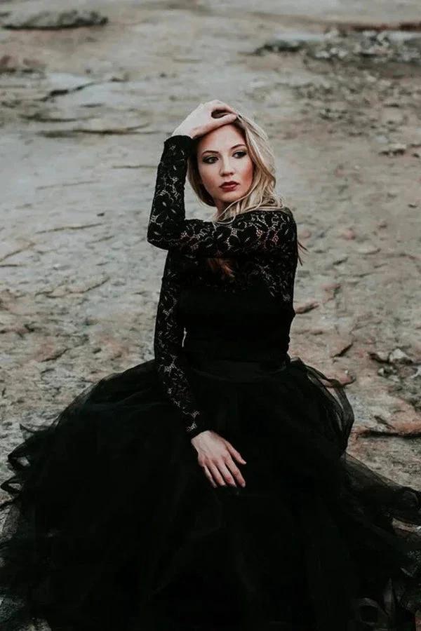 A-Line Lace Appliqued Black Wedding Dress Boho Bridal Gown (ZD16081)