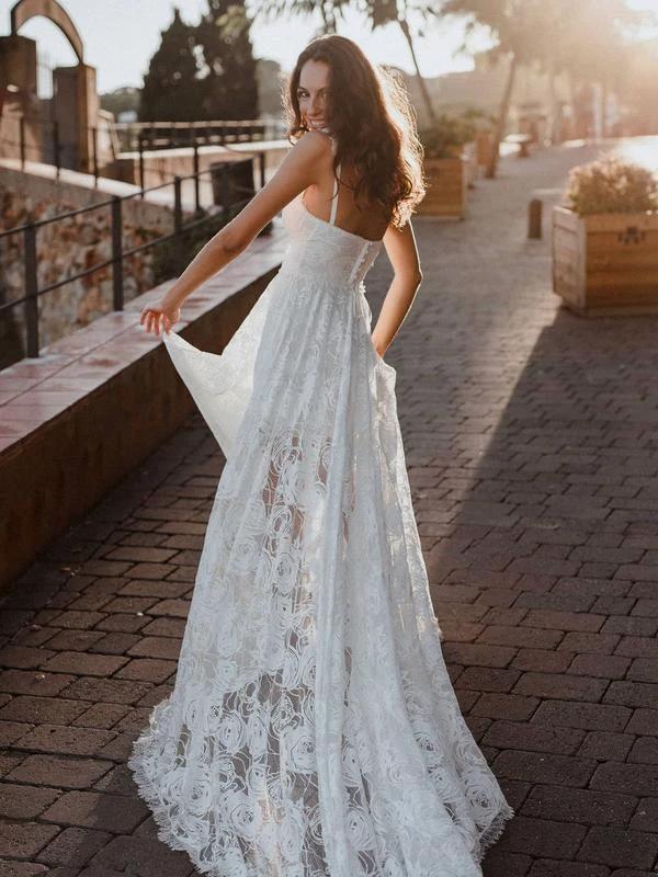 A-Line Lace Backless V-Neck Spaghetti Straps Lace Beach Wedding Dress (ZD16233)