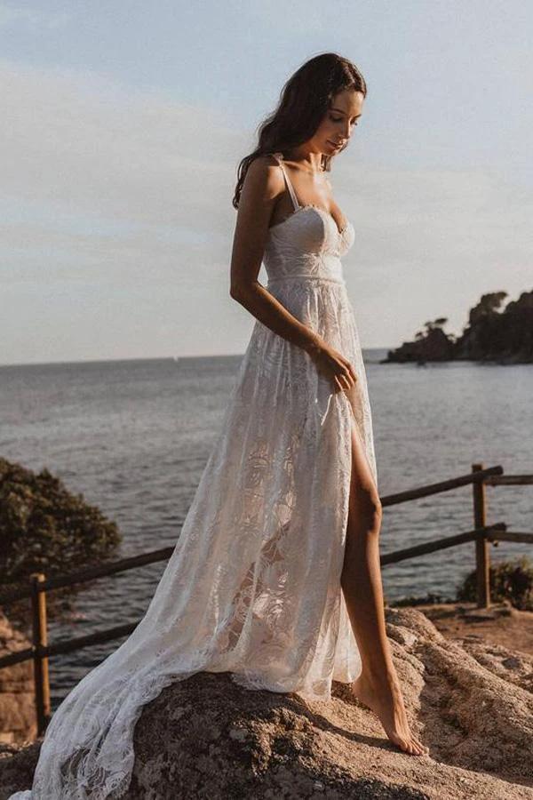 A-Line Lace Backless V-Neck Spaghetti Straps Lace Beach Wedding Dress (ZD16233)