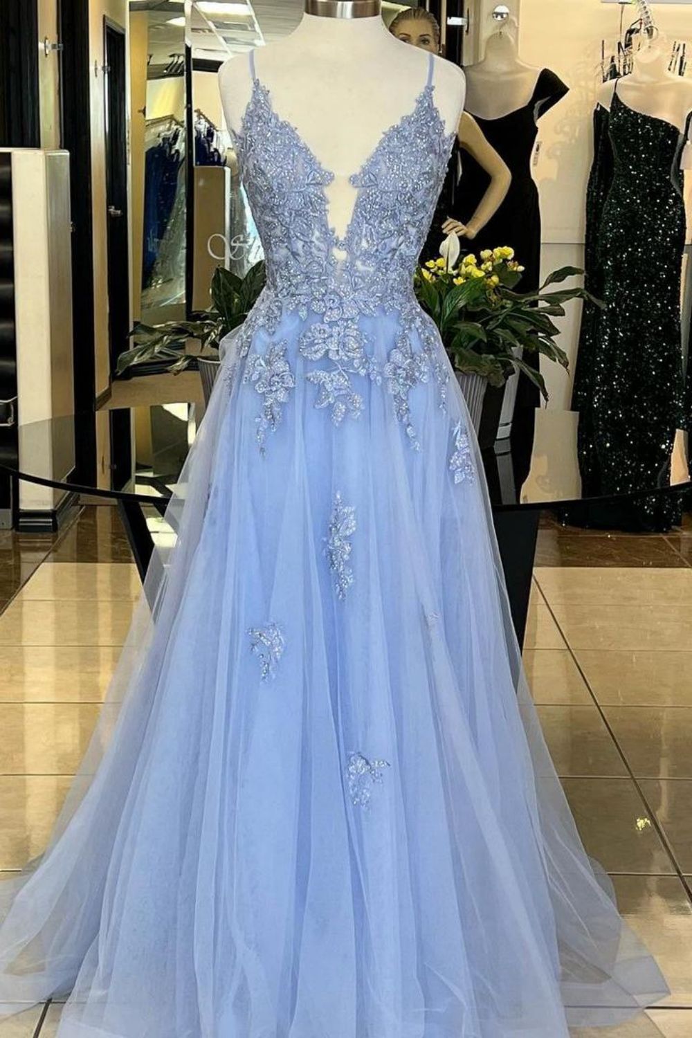 A-Line Light Blue Spaghetti Straps Lace Up Long Tulle Prom Dress With Appliques - FashionDia