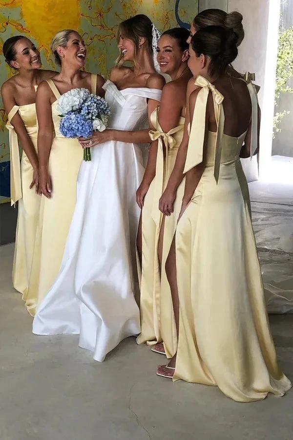 A-Line Light Yellow Scoop Neck Bridesmaid Dress with Slit (ZD12834)