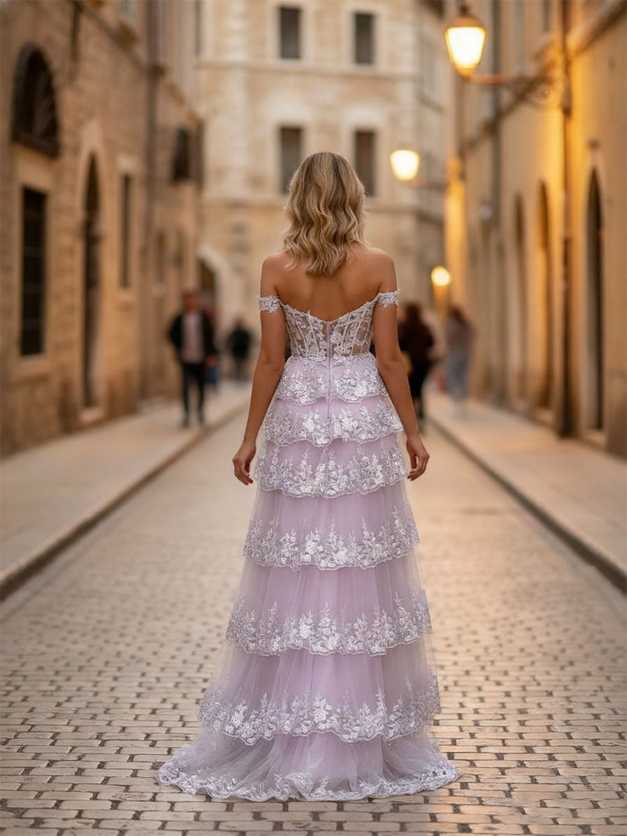 A-Line Off The Shoulder Appliques LaceTulle Corset Prom Dress with Slit