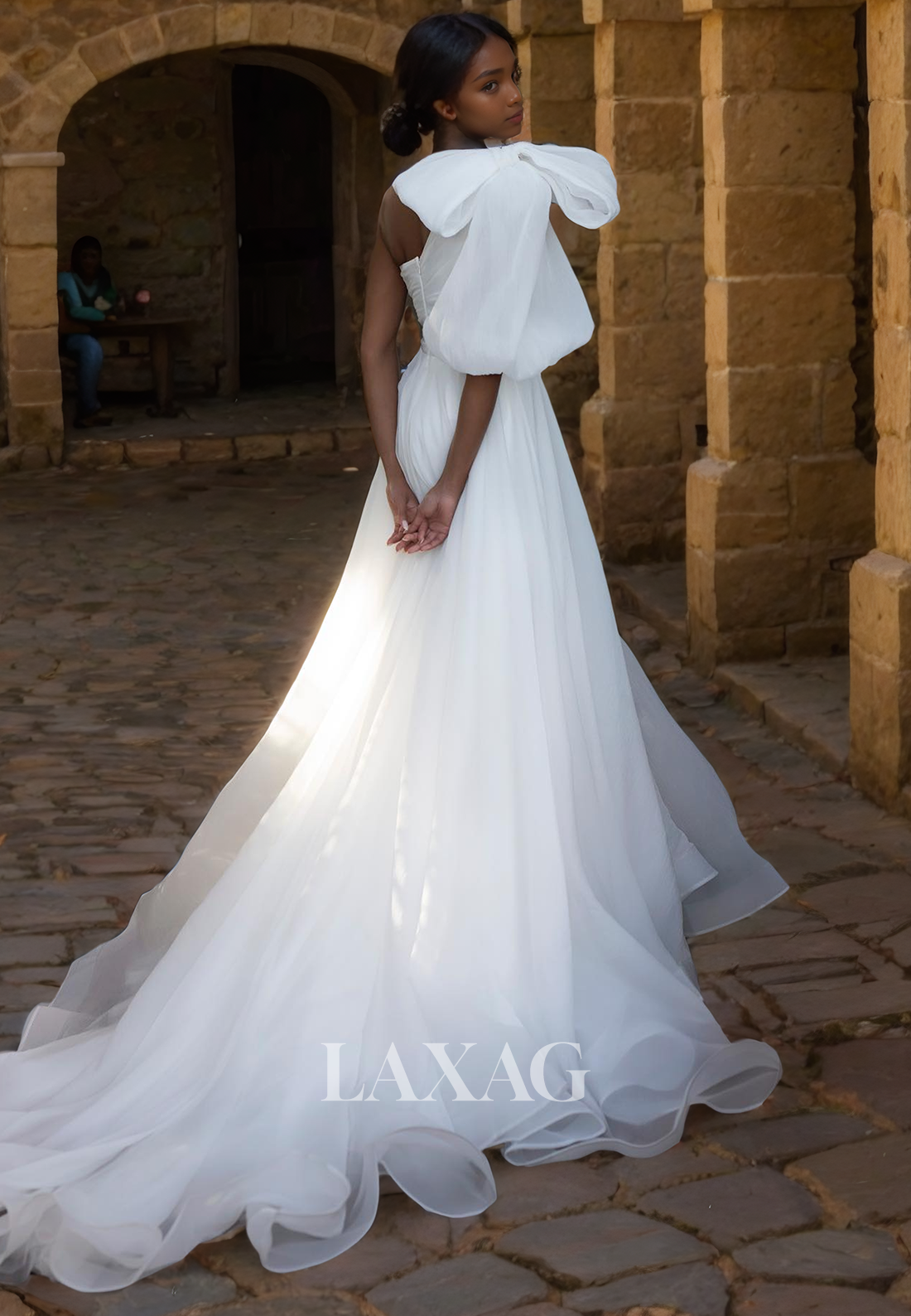 A-Line One Shoulder High Slit Elegant Wedding Dress with Train