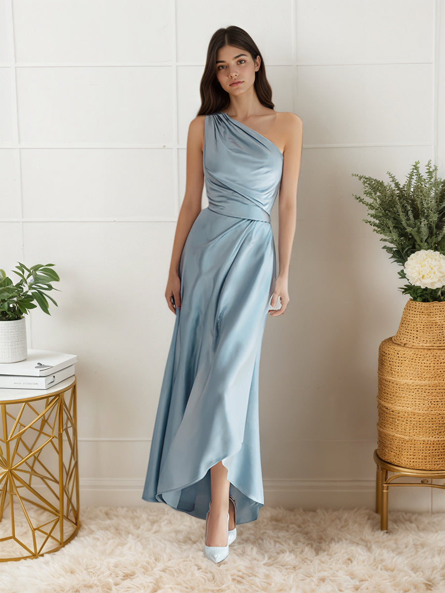 A-Line One Shoulder Satin Long Formal Dress