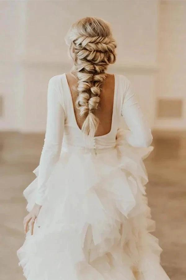 A-Line Round Neck Court Train Tulle Wedding Dress with Long Sleeves (ZD16327)