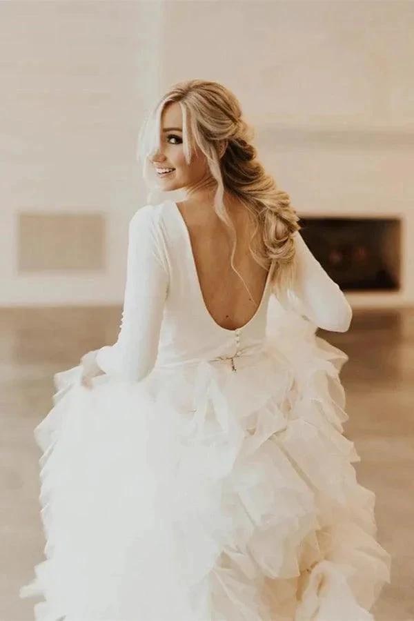 A-Line Round Neck Court Train Tulle Wedding Dress with Long Sleeves (ZD16327)