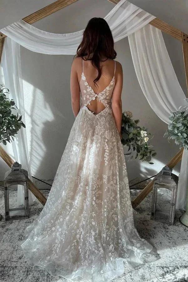 A-Line Spaghetti Straps Key Hole Back Elegant Wedding Dress (ZD16094)