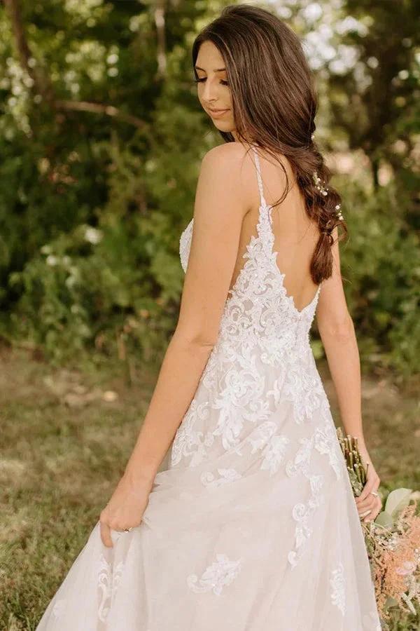 A-Line Spaghetti Straps Tulle Rustic Wedding Dress With Appliques (ZD16164)