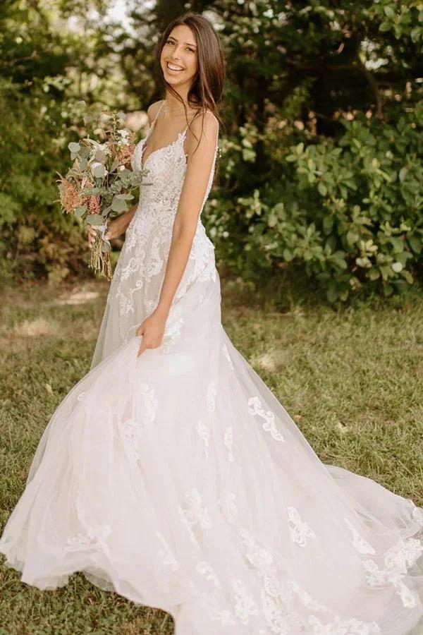 A-Line Spaghetti Straps Tulle Rustic Wedding Dress With Appliques (ZD16164)