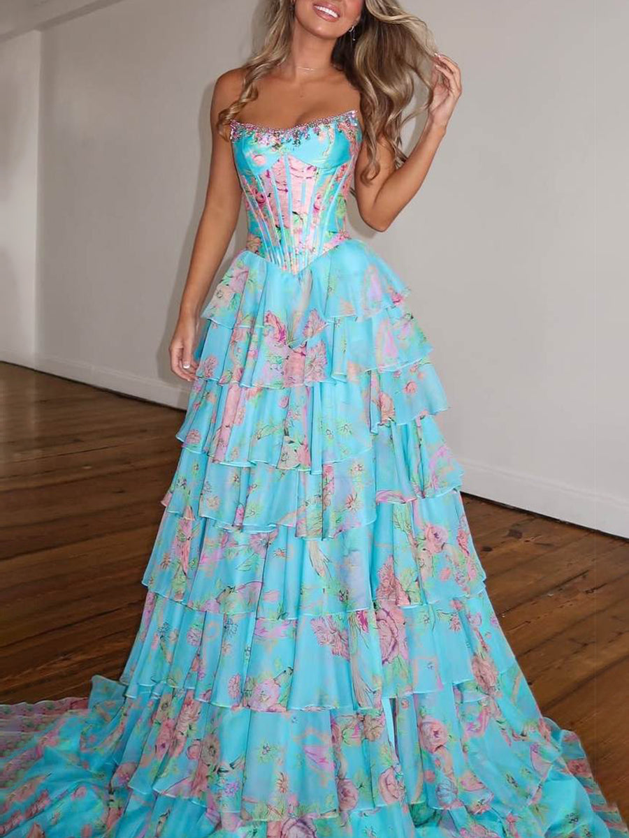 A-Line Strapless Print Ruffles Tiered Long Prom Dress