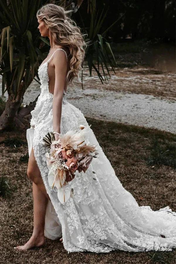 A-Line Straps Lace Beach Wedding Dress Boho Bridal Gown With Split (ZD16387)