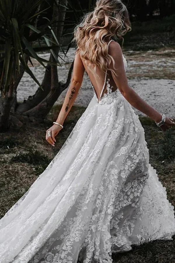 A-Line Straps Lace Beach Wedding Dress Boho Bridal Gown With Split (ZD16387)