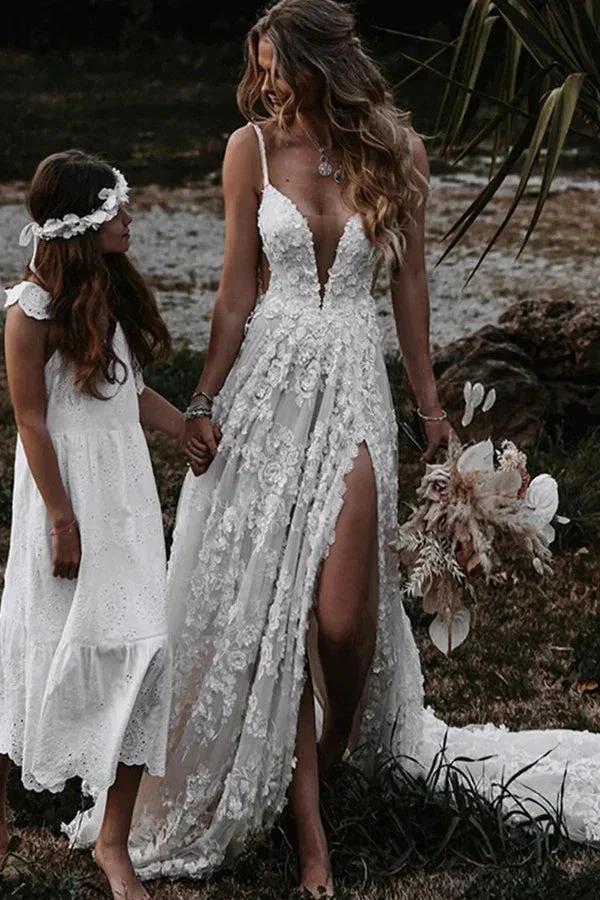 A-Line Straps Lace Beach Wedding Dress Boho Bridal Gown With Split WD657 by pgmdress