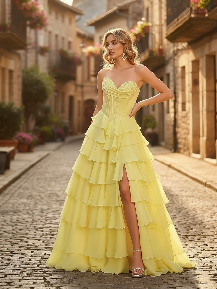 A-Line Sweetheart Cascading Ruffles Chiffon Corset Prom Dress - FashionDia