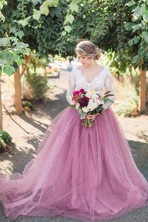 A-Line V-Neck Long Sleeves Pink Tulle Wedding Dress with Lace Appliques (ZD16249)
