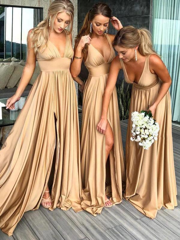 A-Line V-Neck Sweep Train Straw Spandex Prom Party Dress with Split PG658 by pgmdress