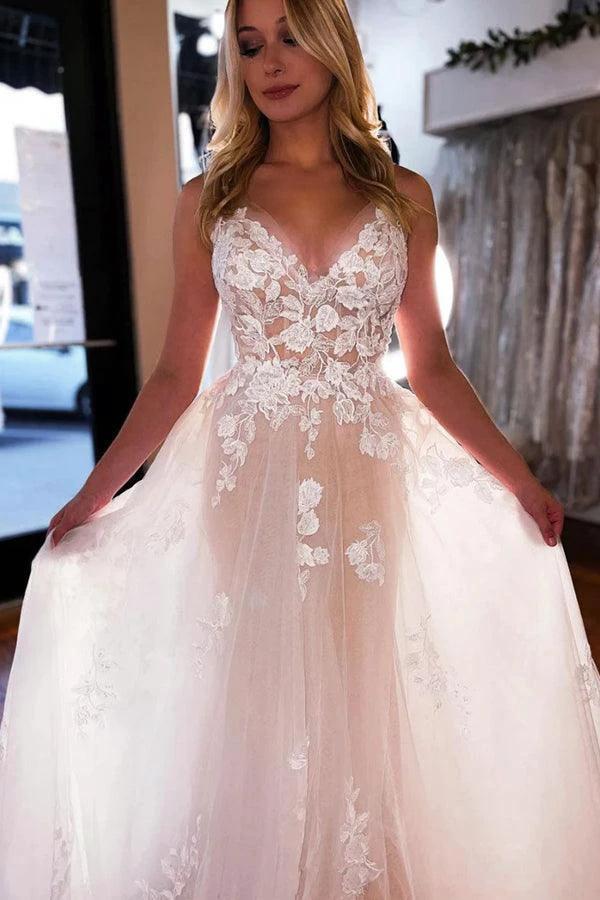 A-line V Neck Light Champagne Tulle Ivory Lace Wedding Dress (ZD16209)