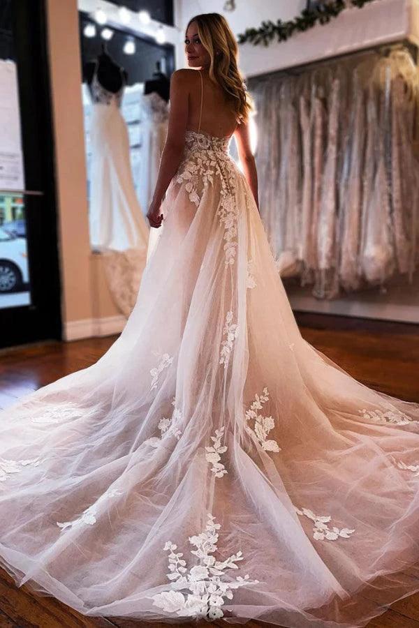 A-line V Neck Light Champagne Tulle Ivory Lace Wedding Dress (ZD16209)