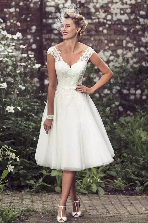 A-Line Wedding Dress Tea Length Lace Short Bridal Gown (ZD16078)