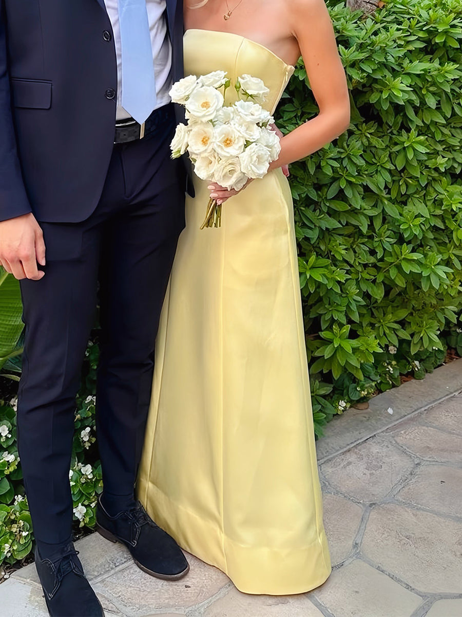 A-Line Yellow Strapless Floor-Length Prom Dress - FashionDia