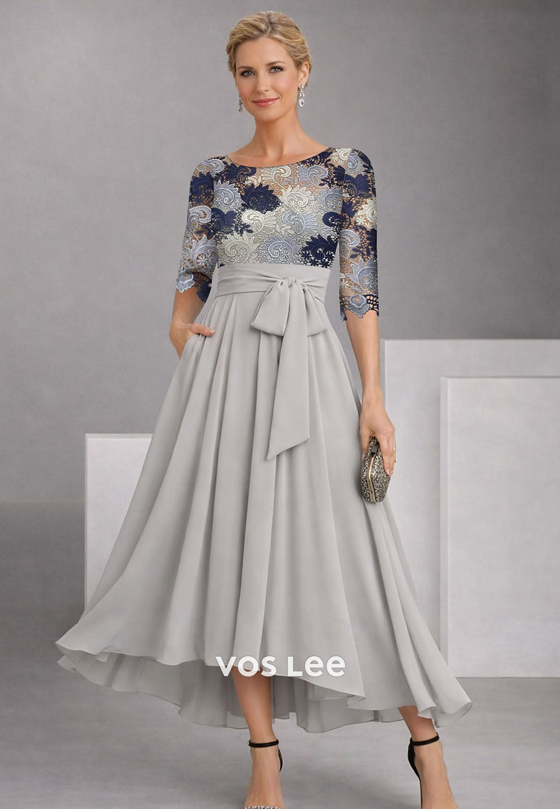 Half Sleeve Boat Neck A-Line Ankle Length Cocktail Dress with Embroidery Appliques