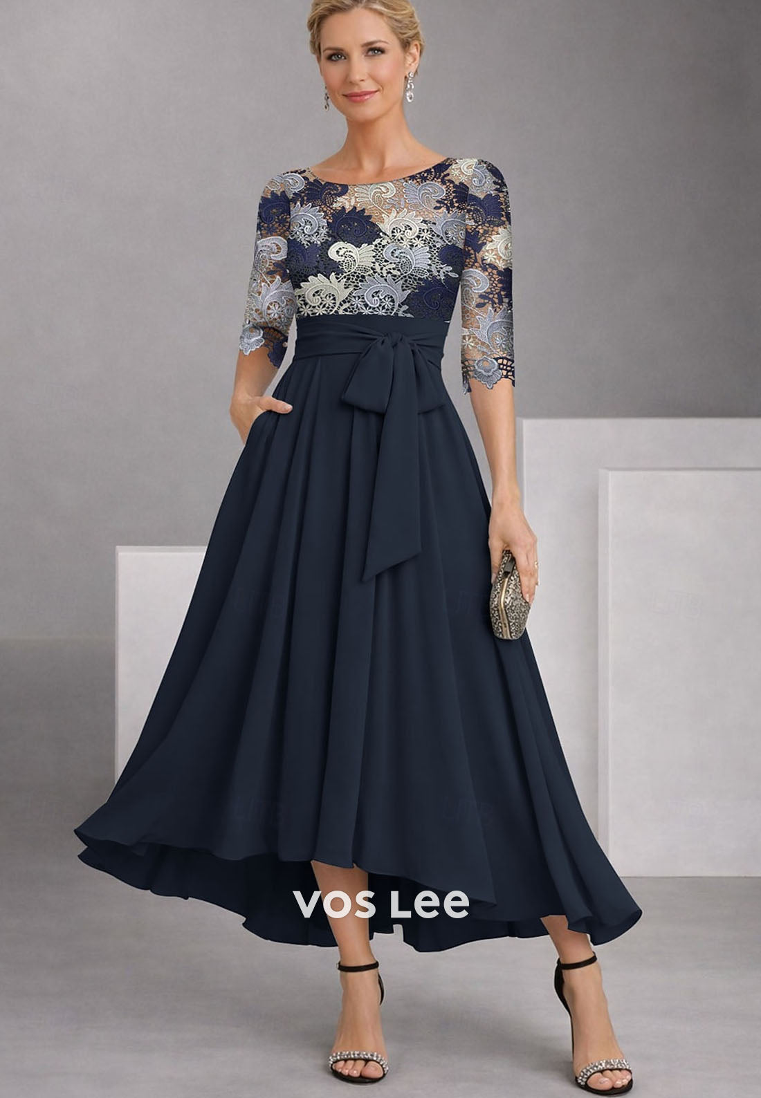 Half Sleeve Boat Neck A-Line Ankle Length Cocktail Dress with Embroidery Appliques