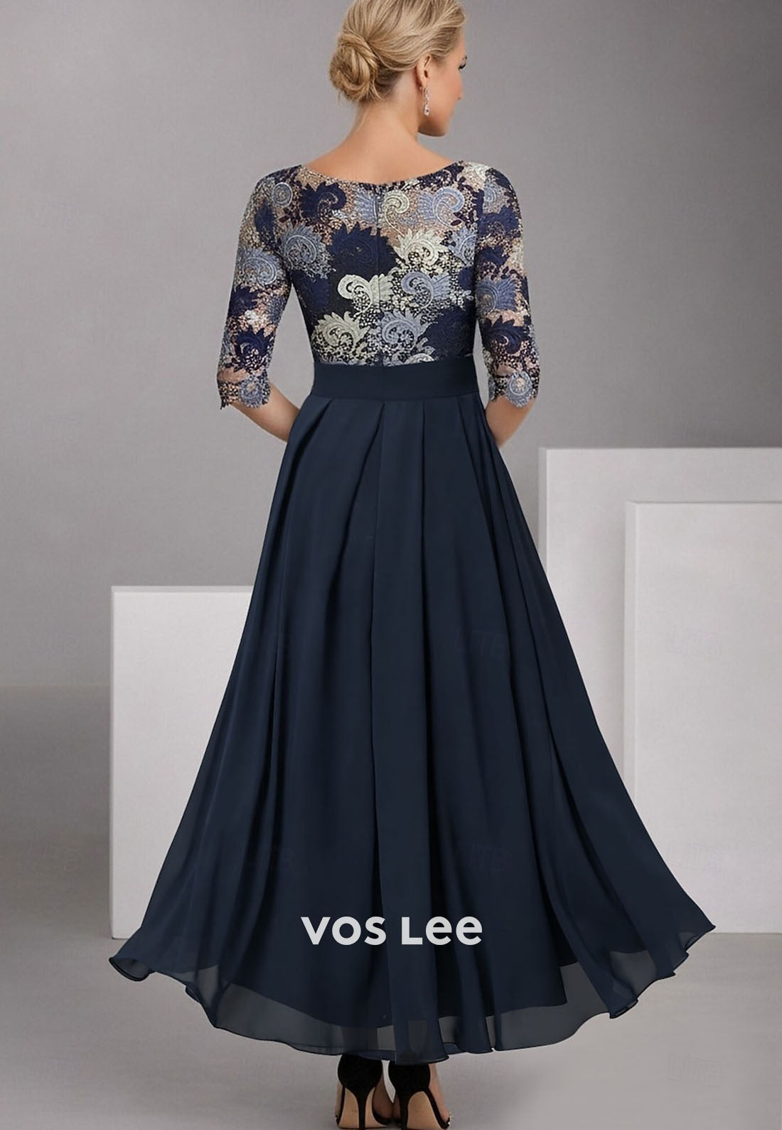 Half Sleeve Boat Neck A-Line Ankle Length Cocktail Dress with Embroidery Appliques