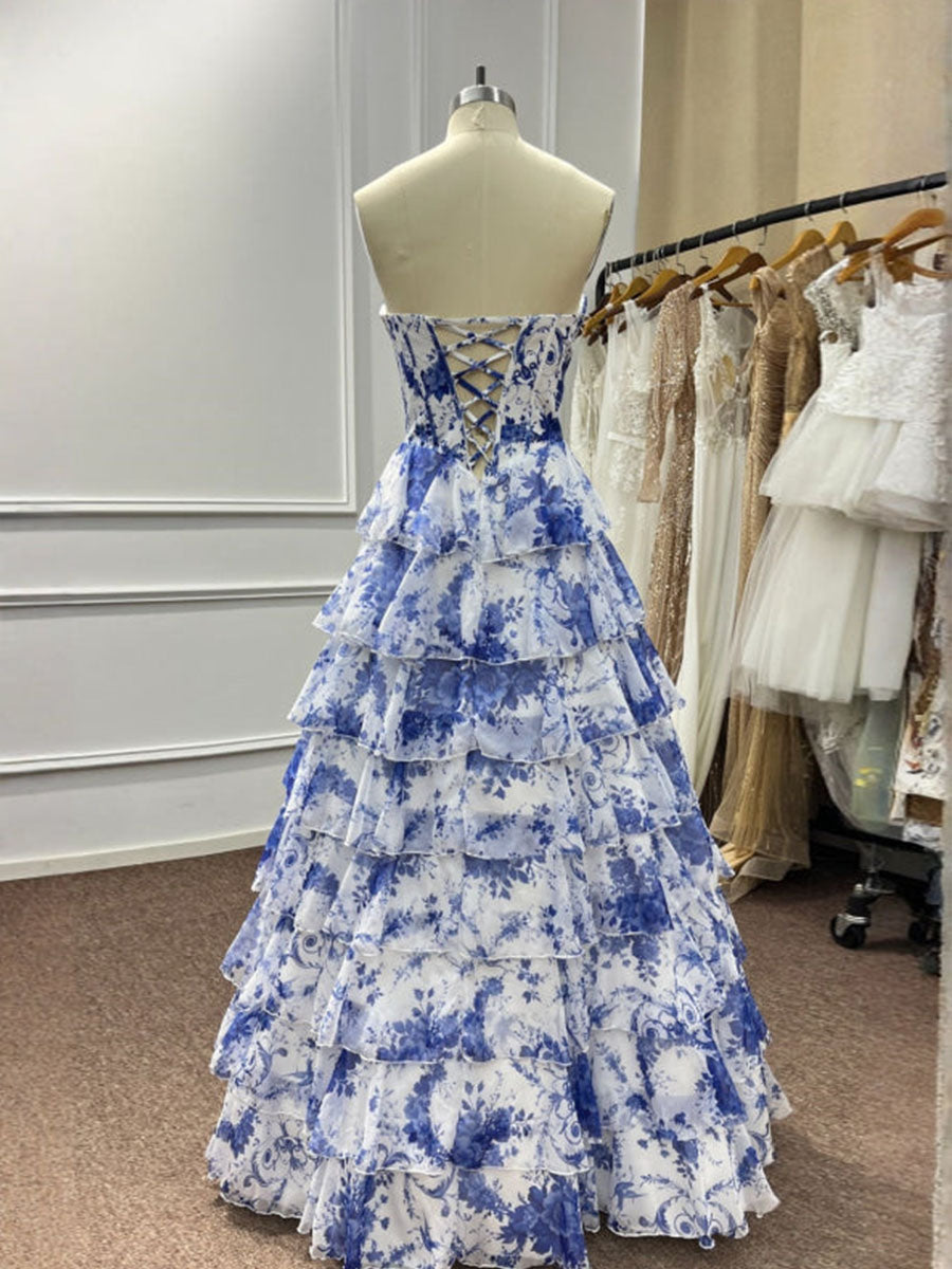 A-Line Strapless Sweetheart Print Tiered Tulle Long Prom Dress with Slit