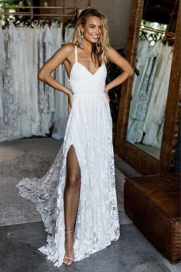 A-Line Straps Backless Court Train Lace Beach Wedding Dress (ZD16278)