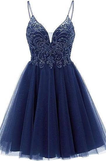 A-line Straps Appliques Tulle Short Homecoming Dress by Ombreprom