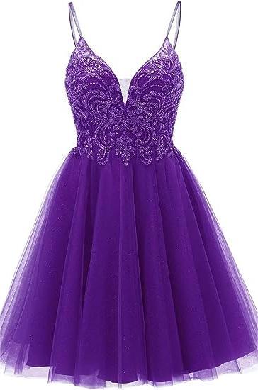 A-line Straps Appliques Tulle Short Homecoming Dress by Ombreprom