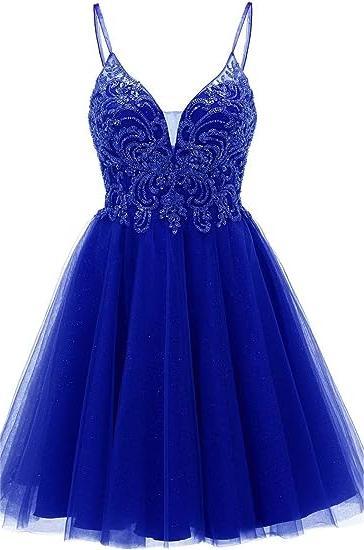 A-line Straps Appliques Tulle Short Homecoming Dress by Ombreprom