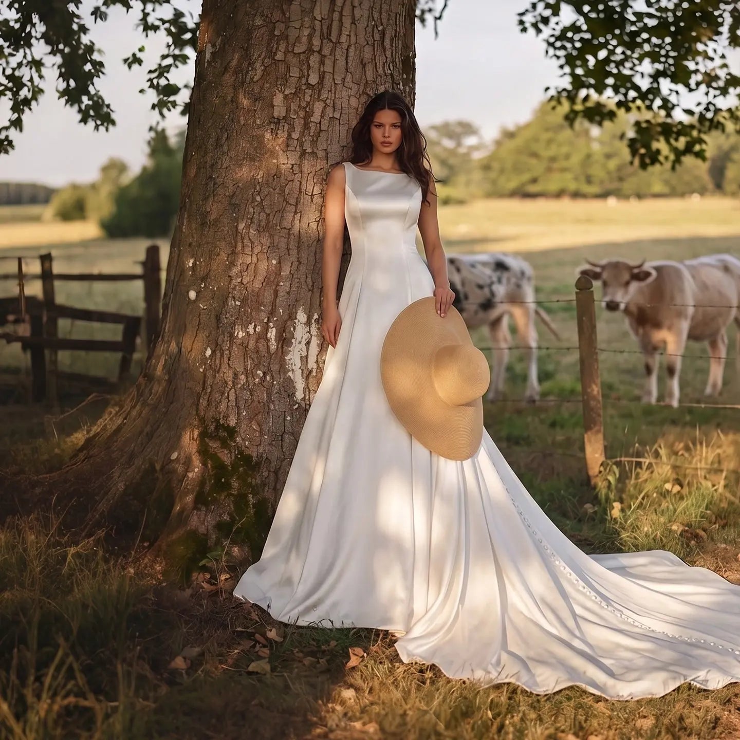 Romantic White Sleeveless Satin Wedding Dress with Low Back ZP052