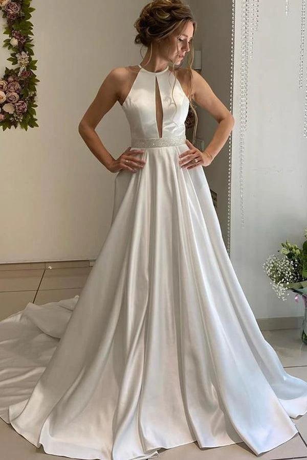 A-line Halter Neckline Backless Long Satin Wedding Dresses With Beading Belt (ZD16236)
