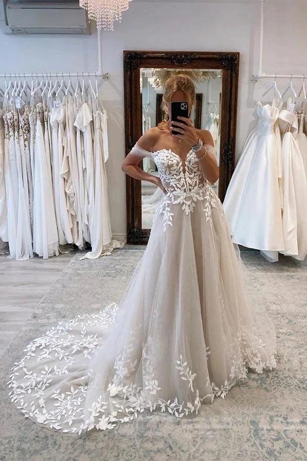 A-line Off-the-Shoulder Wedding Dresses With Lace Appliques Bridal Gown (ZD16158)