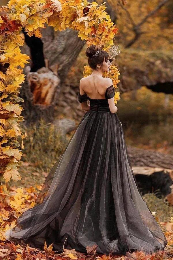 A-line Off Shoulder Simple Black Forest Wedding Dresses (ZD16134)