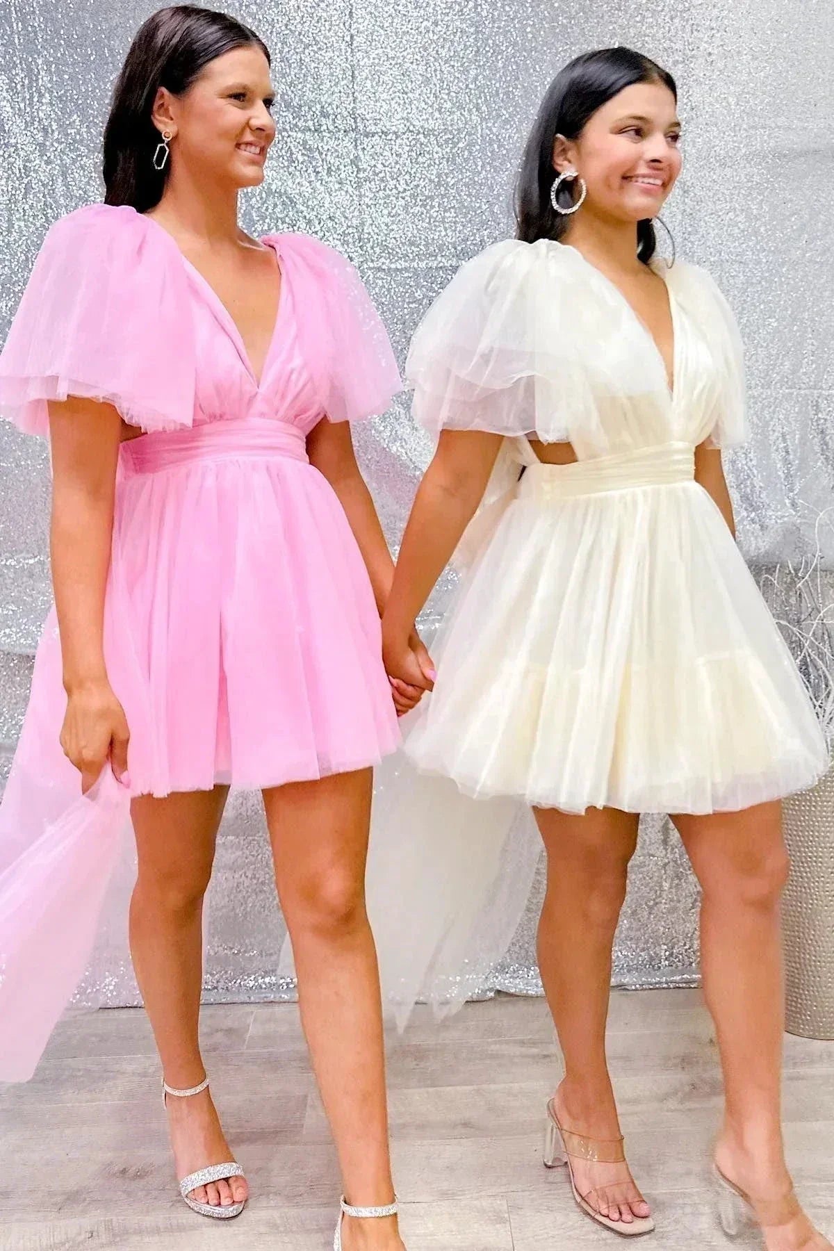 Plunging V Neck Tulle Homecoming Dress SYH109 by vivymakudress