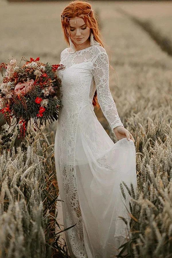 A-line Scoop Neck Backless Long Sleeves Beach Wedding Dresses (ZD16122)