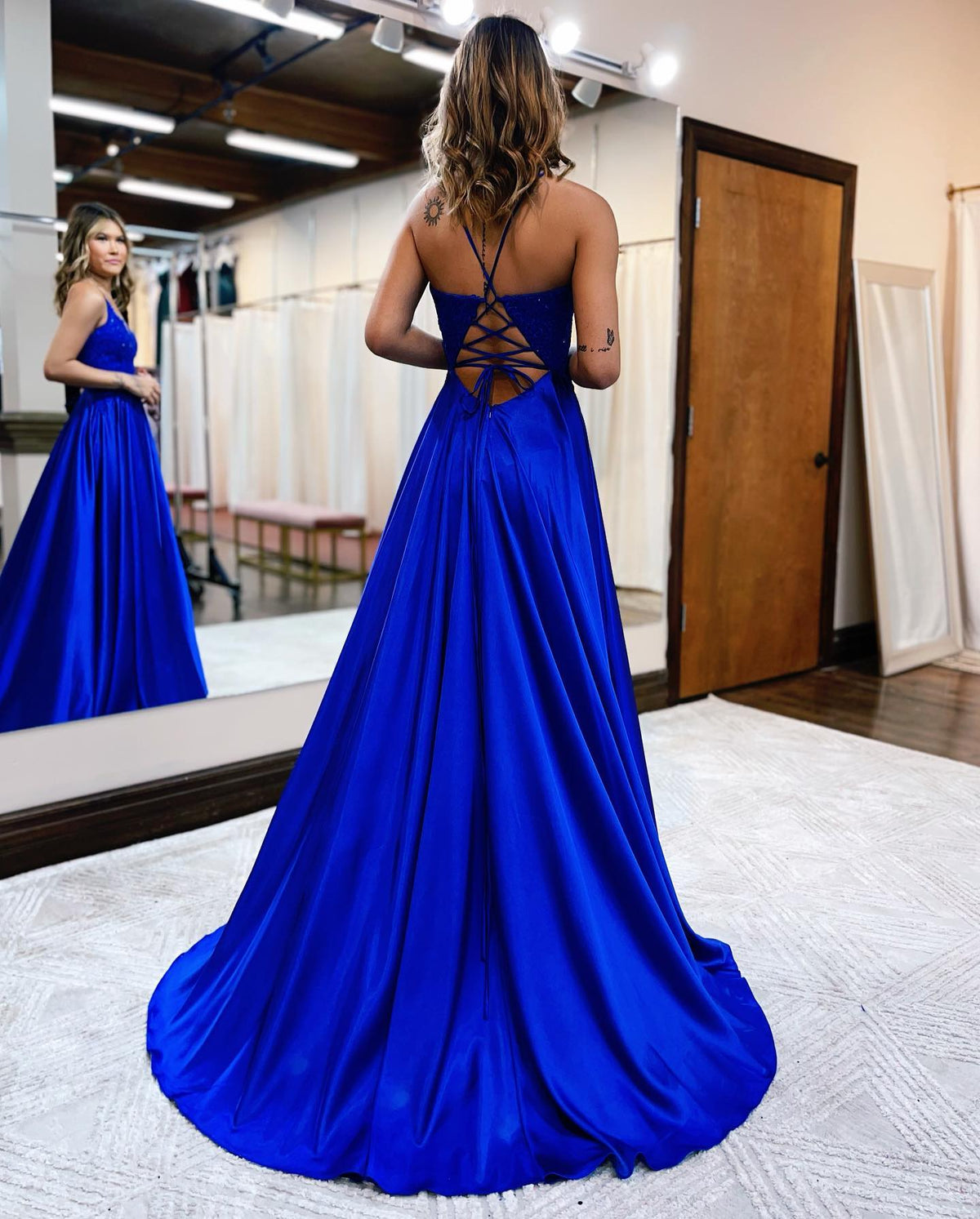 A-line Spaghetti Straps Corset Back Prom Dress With Split - View 9 | VelvetHem