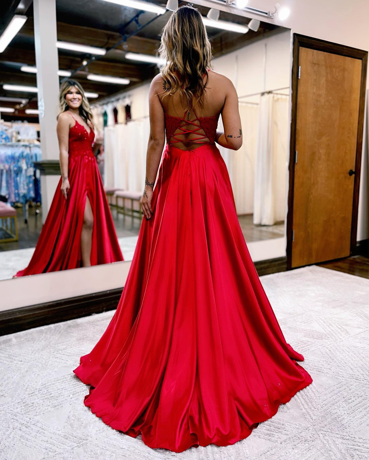 A-line Spaghetti Straps Corset Back Prom Dress With Split - View 2 | VelvetHem