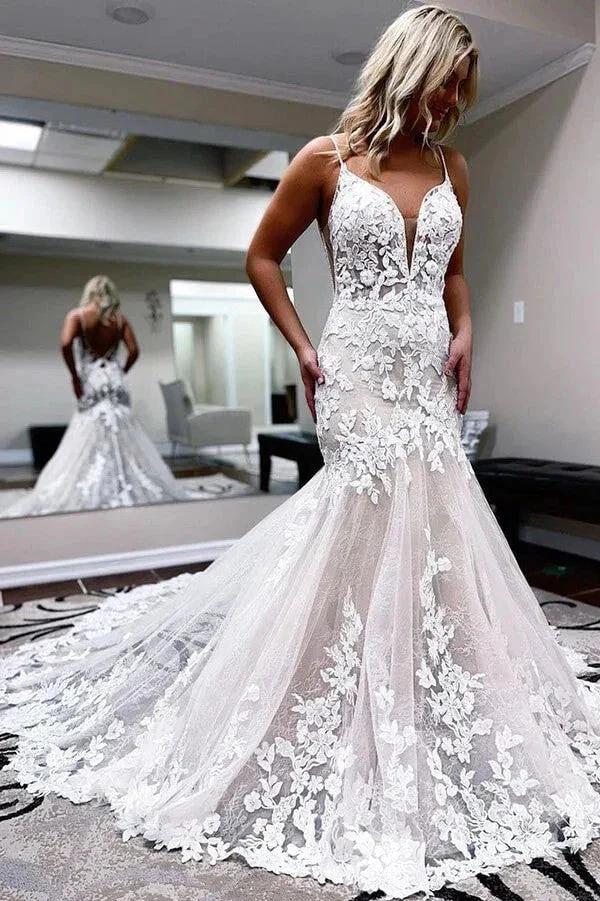 A-line Spaghetti Straps Mermaid Wedding Dress With Lace Appliques WD693 by pgmdress