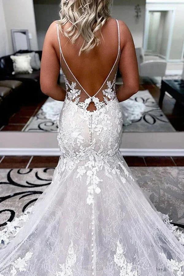A-line Spaghetti Straps Mermaid Wedding Dress With Lace Appliques (ZD16131)