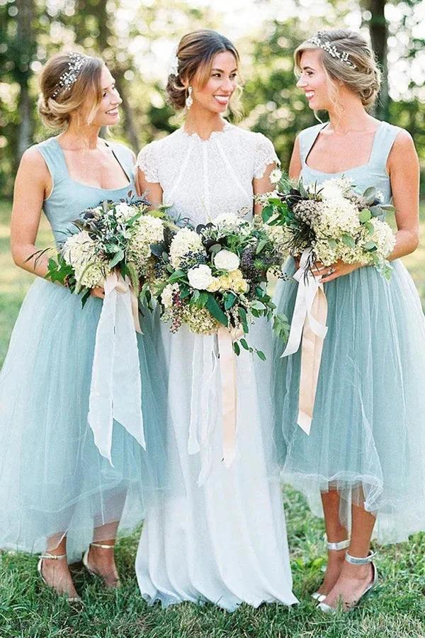 A-line Square High Low Tulle Beaded Simple Bridesmaid Dresses (ZD13284)