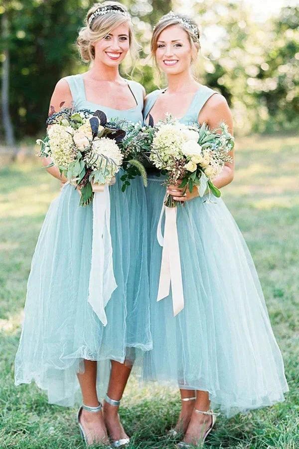 A-line Square High Low Tulle Beaded Simple Bridesmaid Dresses BD111 by pgmdress