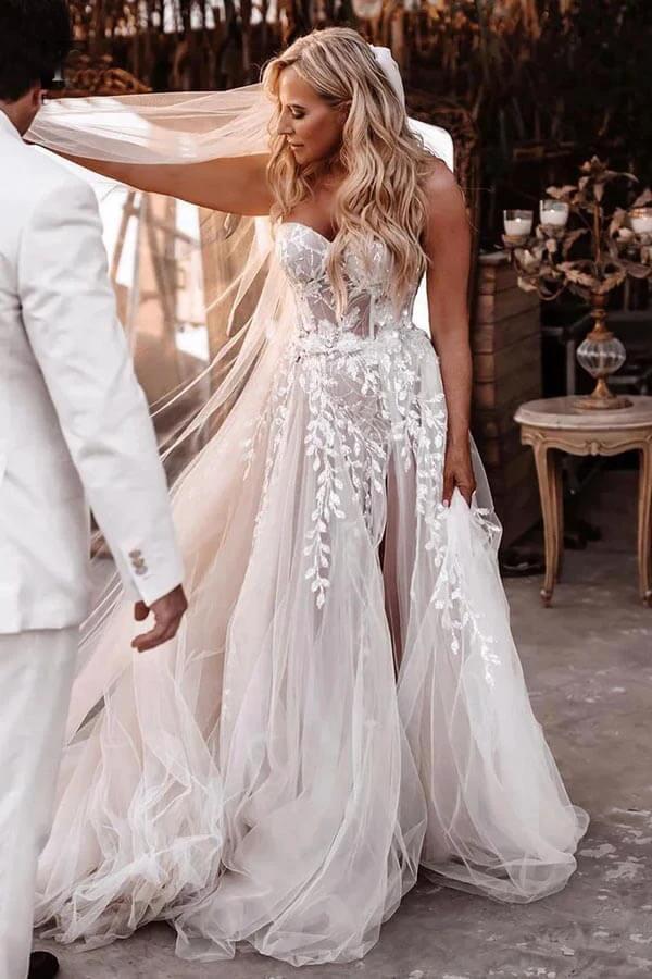 A-line Sweetheart Lace Appliques Boho Long Wedding Dress WD753 by pgmdress