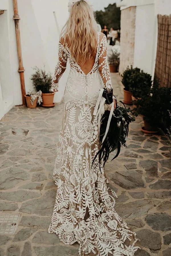 Sheath Unique Lace Long Sleeves Bohemian Wedding Dress (ZD16073)