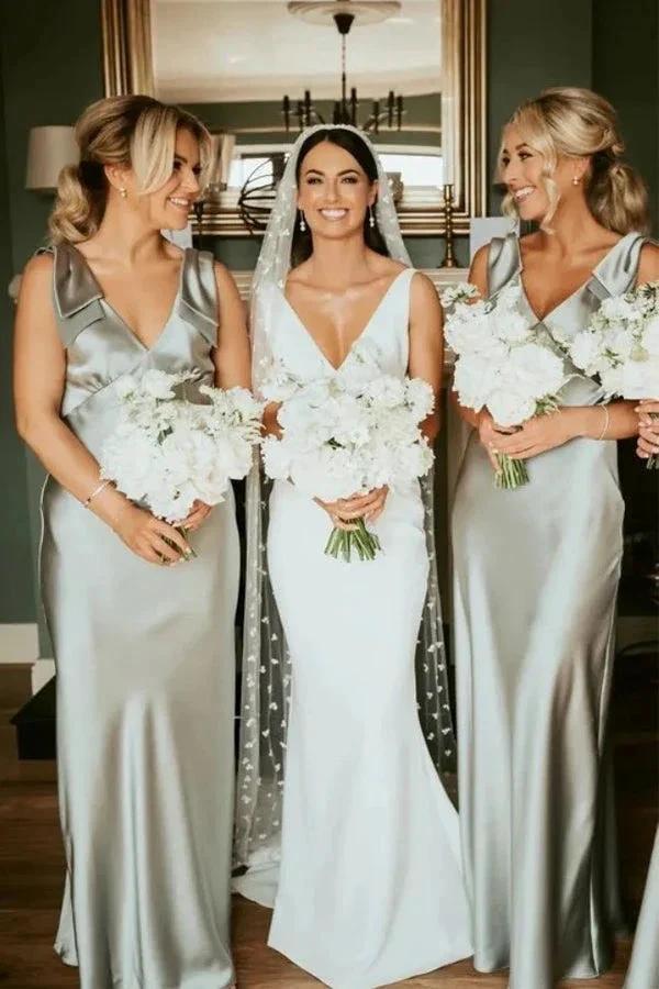 Sheath V-Neck Sage Green Bridesmaid Dresses with Bow Tie BD139 by pgmdress