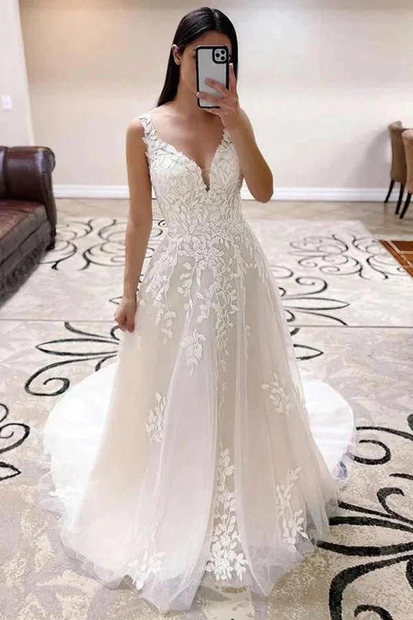 A-line V -neck Sweep Train Wedding Dresses With Lace Appliques WD698 by pgmdress